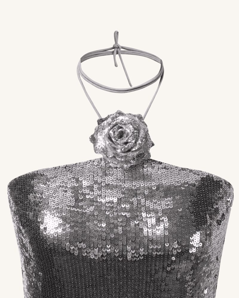 Burgundy Silver Sequinned Halter Mini Dress - Silver - Image 6