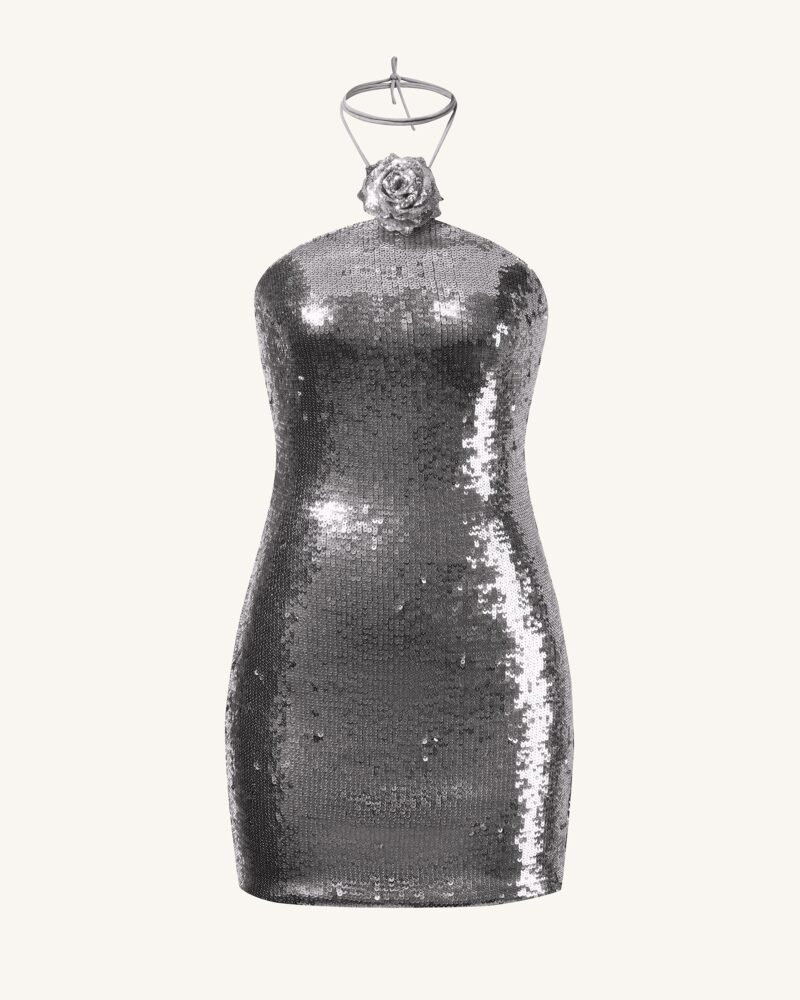 Burgundy Silver Sequinned Halter Mini Dress - Silver - Image 4