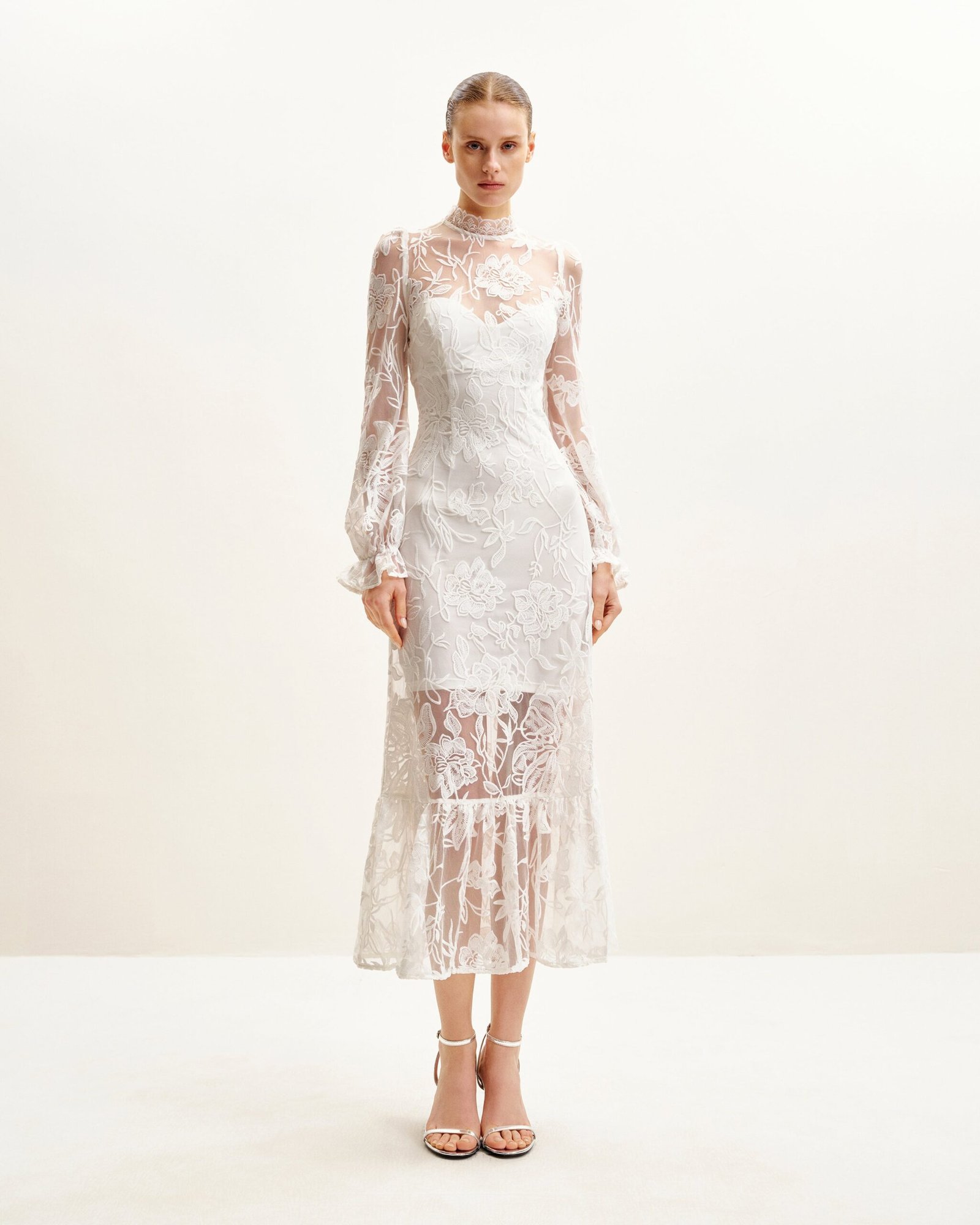 DS079-2_1 Elegant Lace Midi Dress - White - Image 1