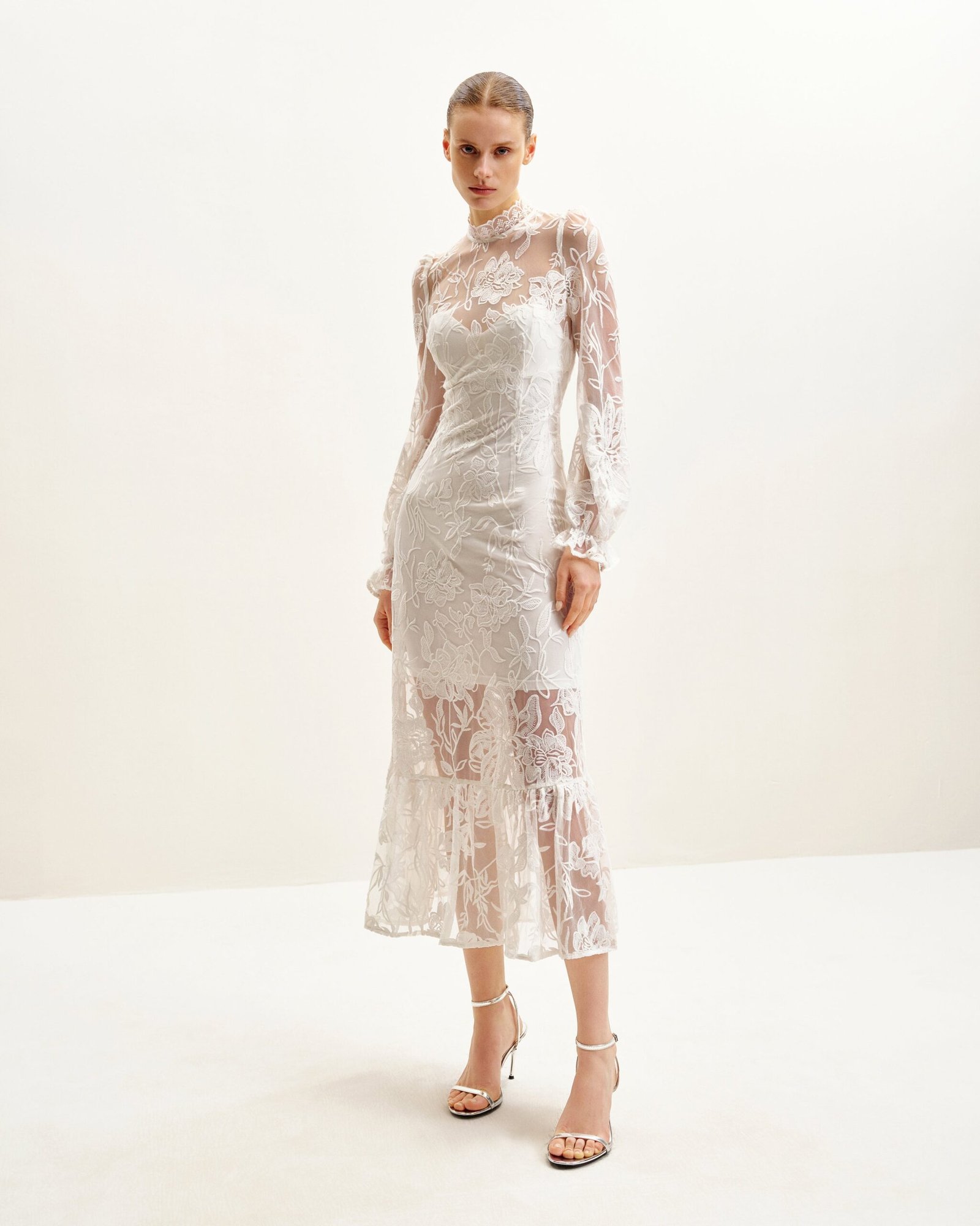DS079-2_2 Elegant Lace Midi Dress - White - Image 2