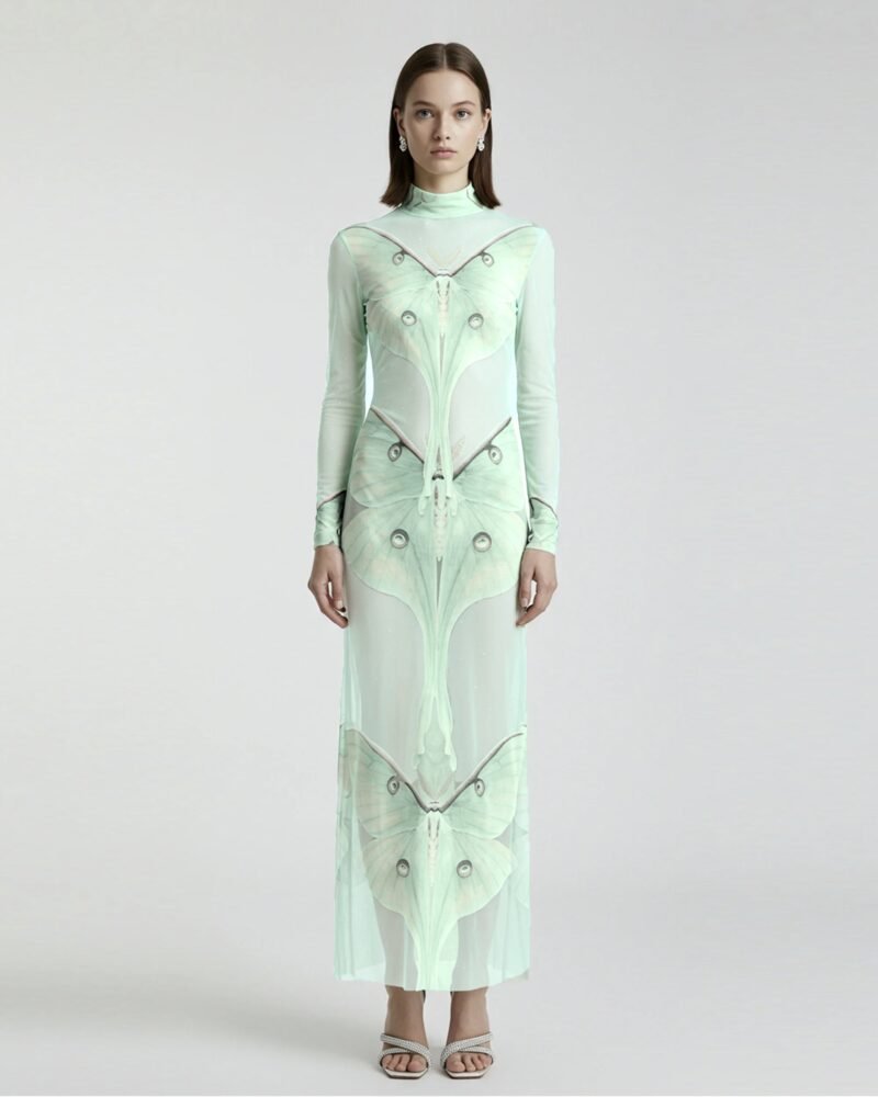 Moth Sheer Mesh Gown - Green/Beige - Image 1