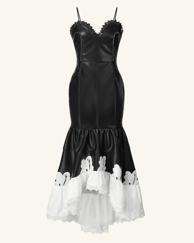 Zora Lace Trim Leather Dress - Black - Image 3