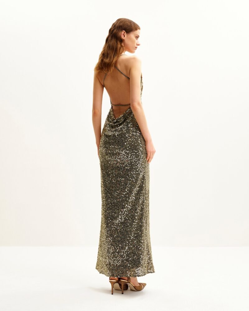 Araminta Sequined Gown with Floral Details - Gold - Image 2