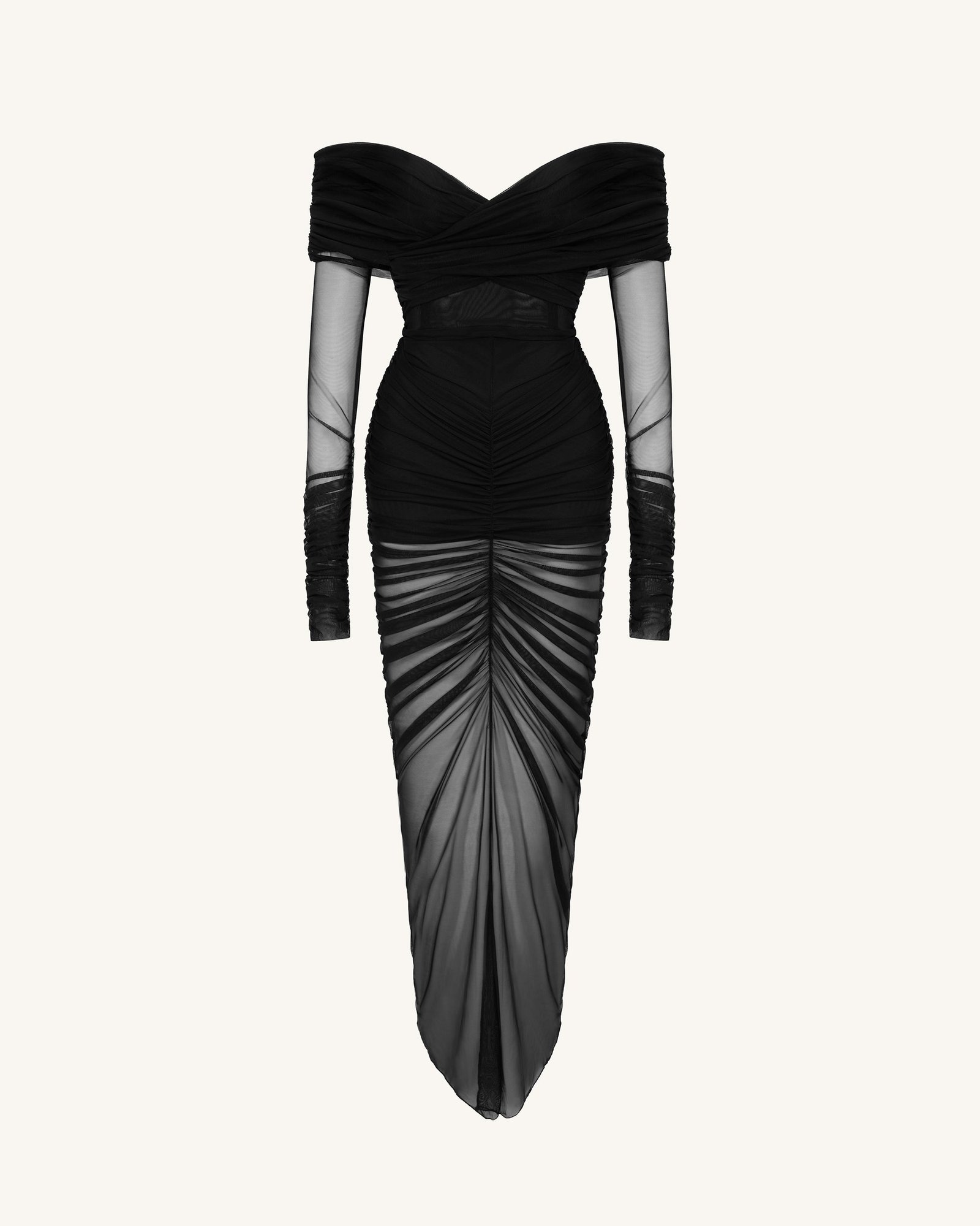 DS314-1FRONT Emily Elegant Off-Shoulder Ruched Gown - Black - Image 2