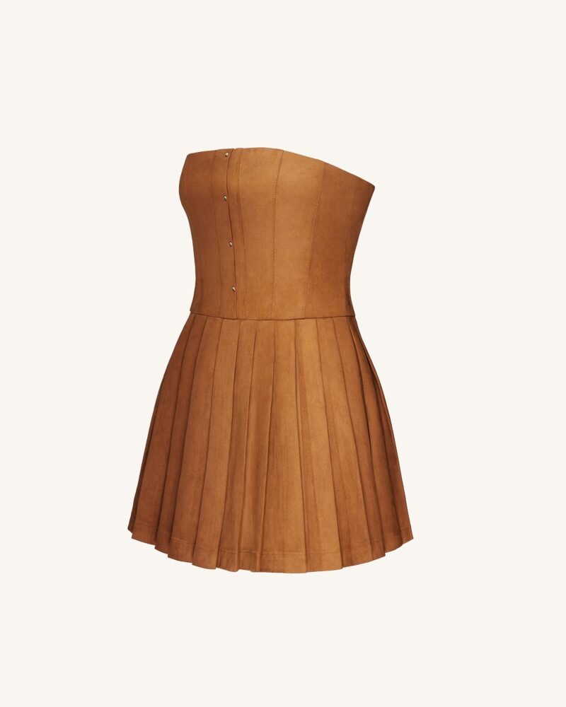 Ellie Pleated Velvet Dress - Caramel - Image 4