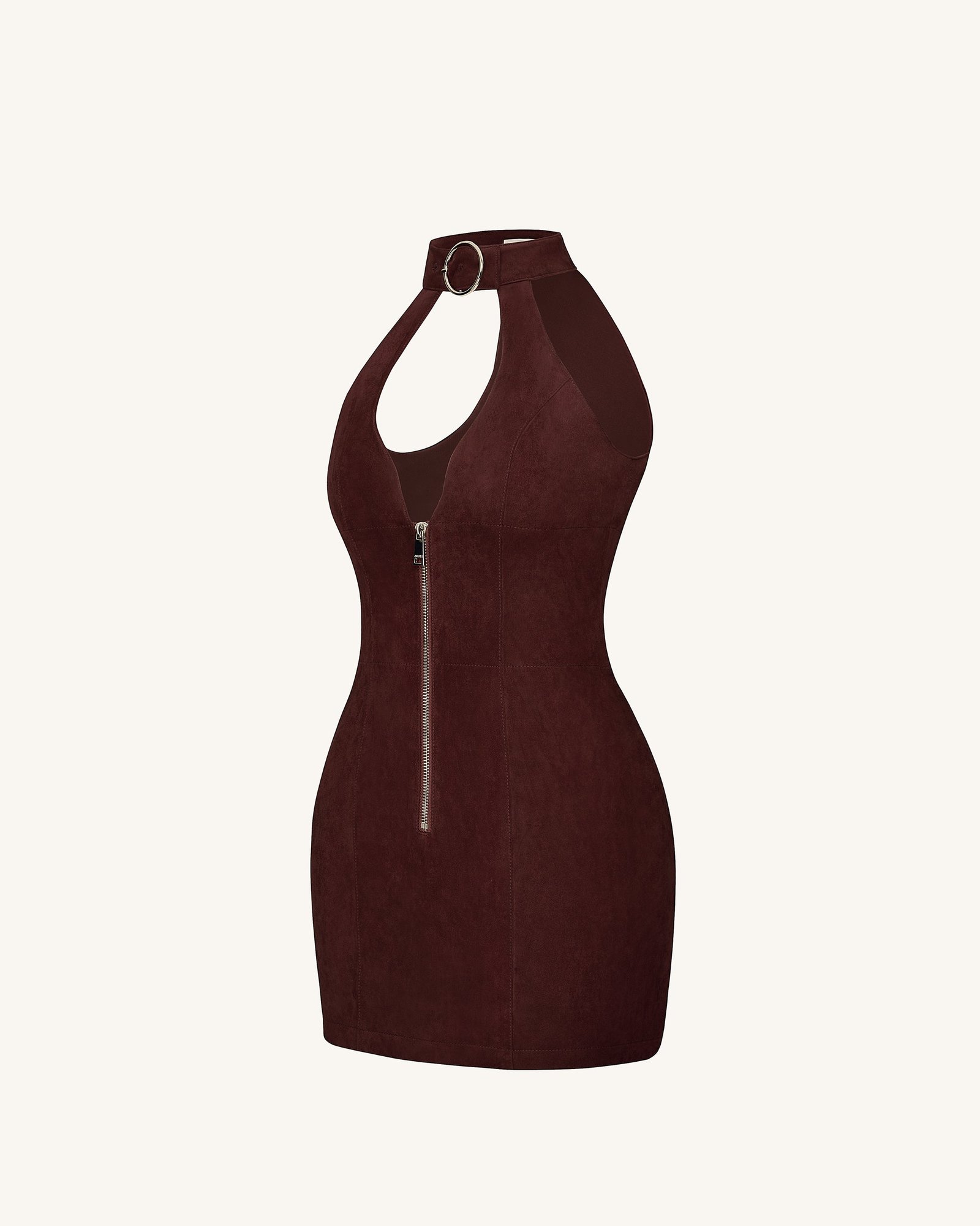 DS655-31SIDE Ruby Halter Neck Zipper Mini Dress - Coffee Red - Image 3