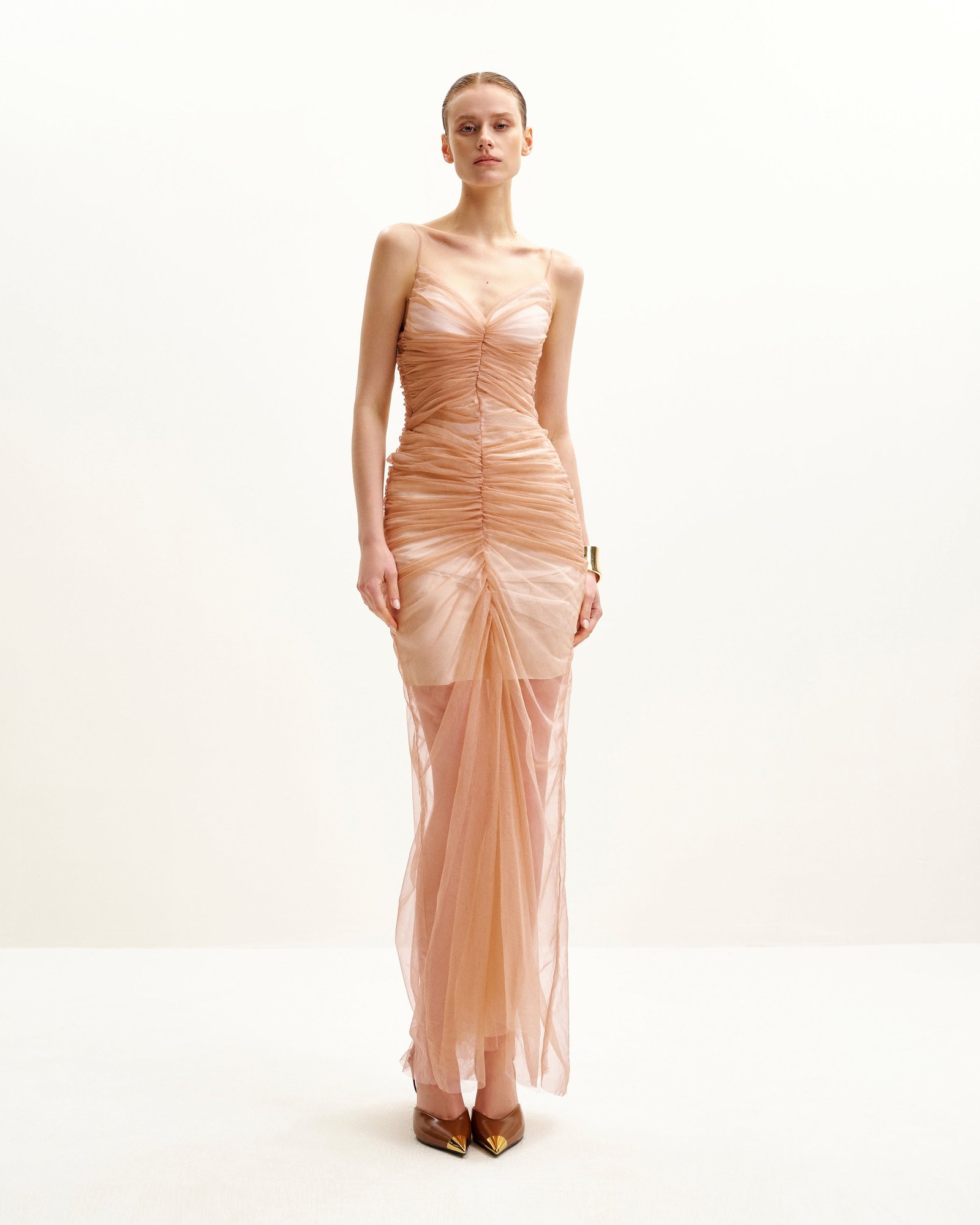 DS671-3_1 Piper Draped Mesh Evening Gown - Cinnamon - Image 1