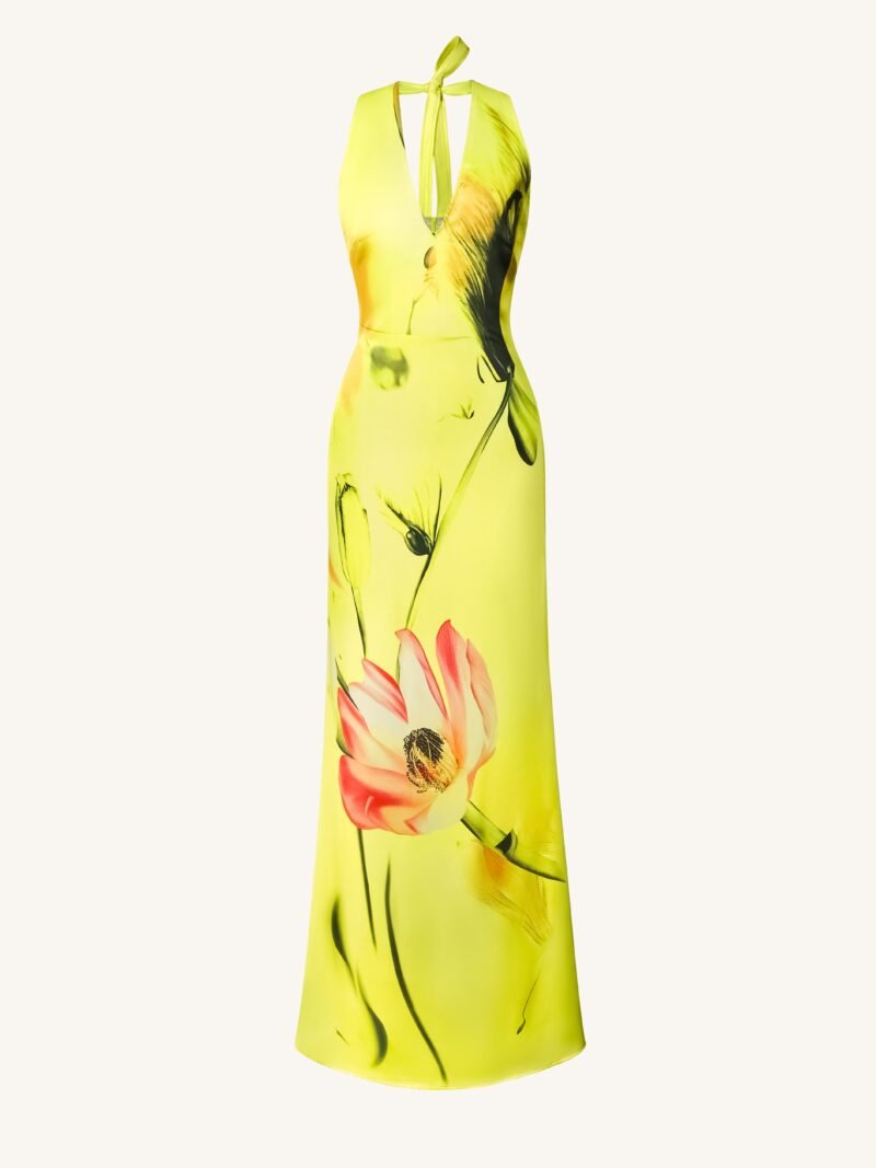 Floral Satin Halter Dress - Yellow/Pink - Image 2