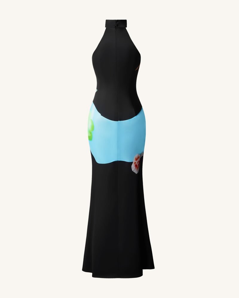 Floral Satin Halter Dress - Multicolor Black - Image 4