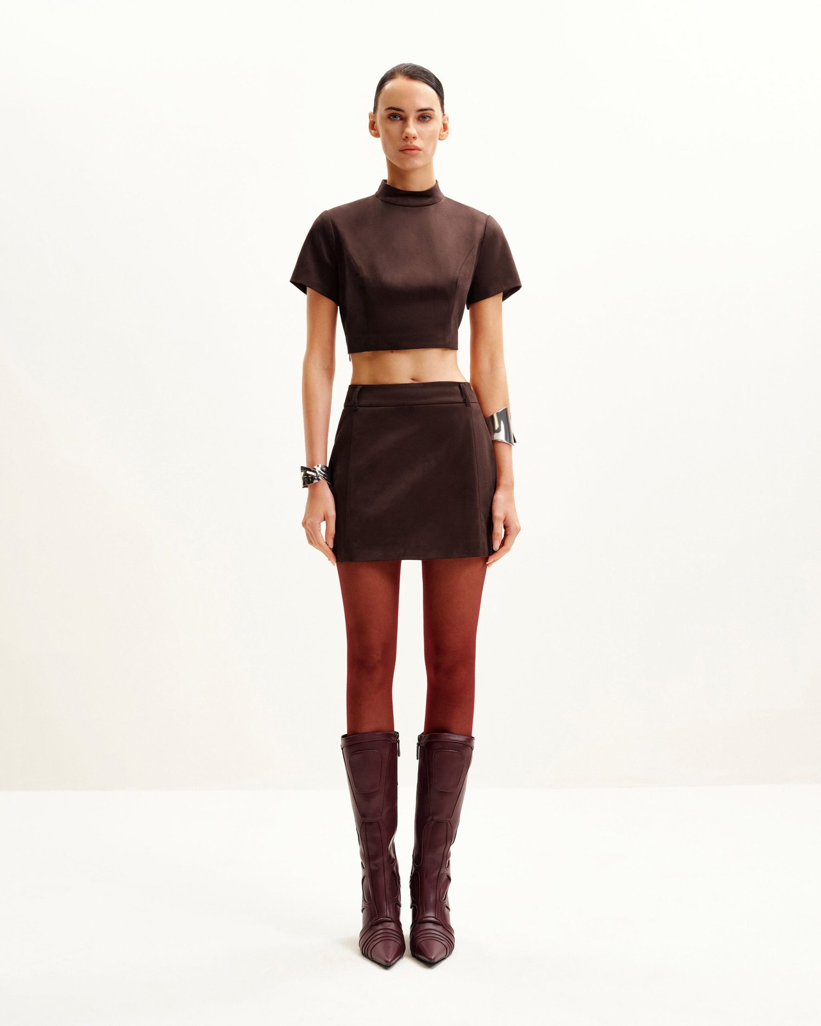 DZ032-3_1 Grace Faux Suede Crop Top and Mini Skirt Set - Chocolate Brown - Image 1