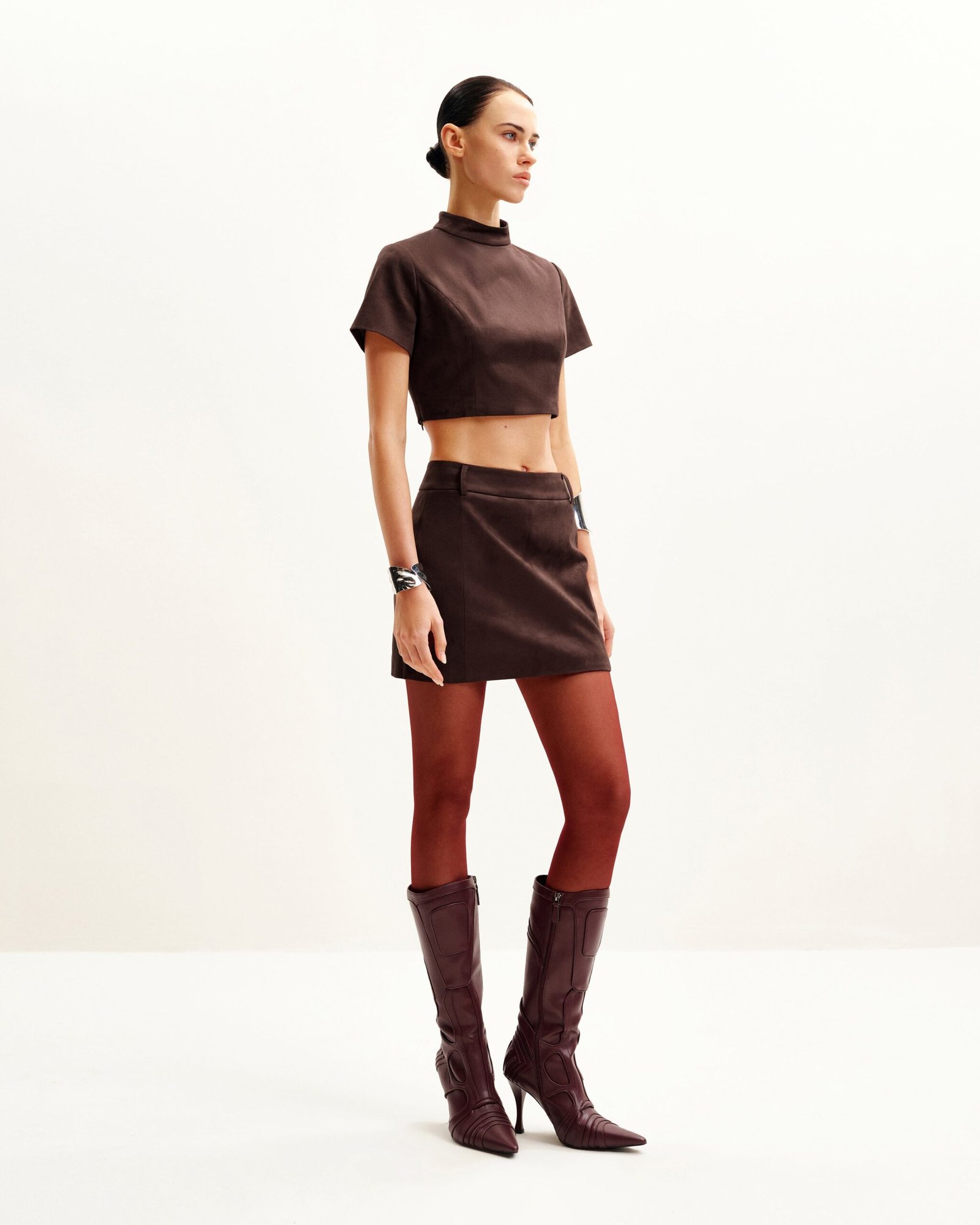 DZ032-3_2 Grace Faux Suede Crop Top and Mini Skirt Set - Chocolate Brown - Image 2