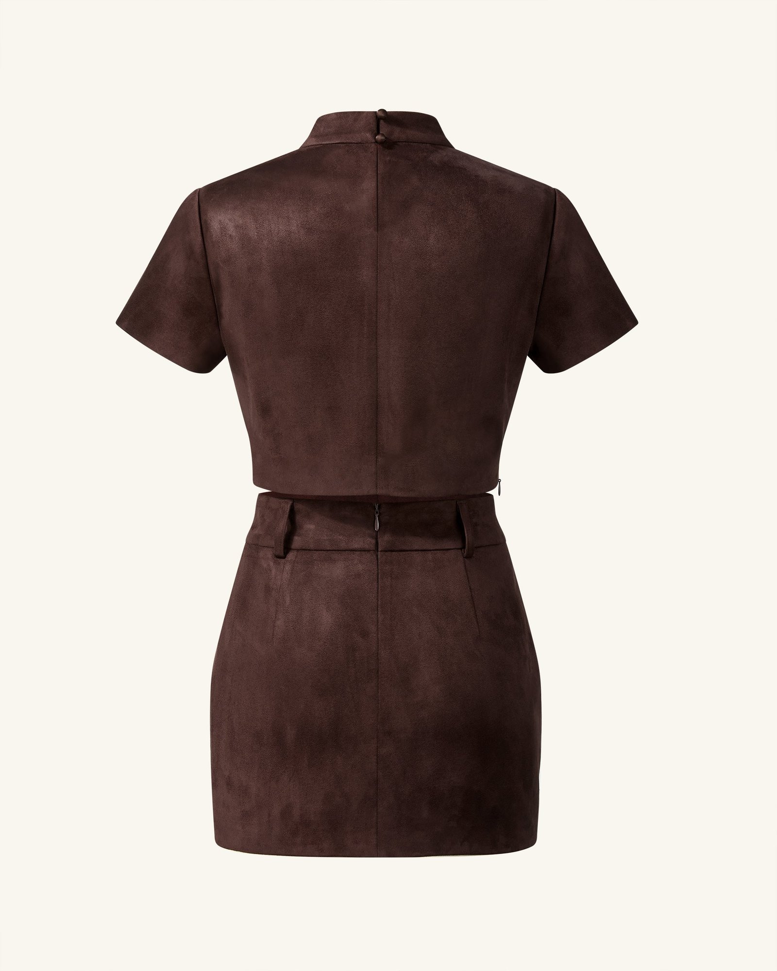 DZ032-3_BACK.png Grace Faux Suede Crop Top and Mini Skirt Set - Chocolate Brown - Image 5