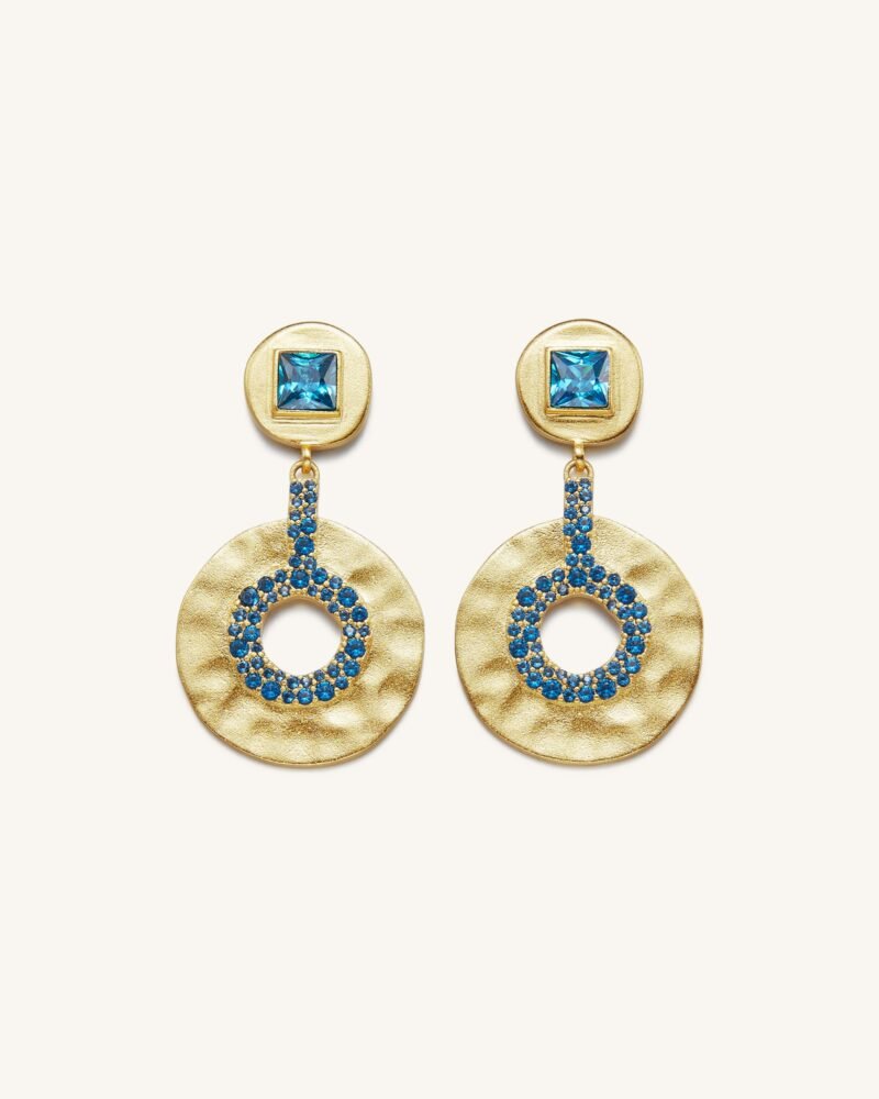 Geometrical Openwork Small Round Earrings- 18ct Gold Plated & Deep Sea Blue Zircon - Image 1