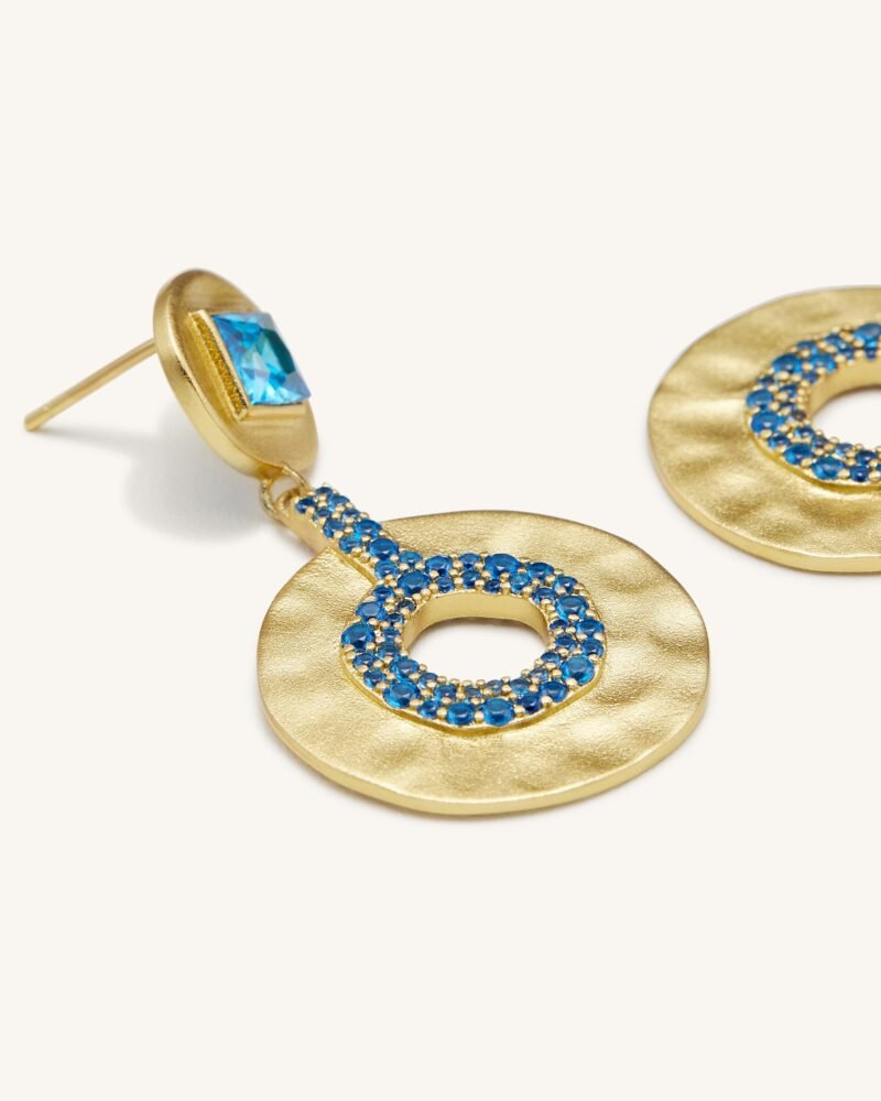 Geometrical Openwork Small Round Earrings- 18ct Gold Plated & Deep Sea Blue Zircon - Image 2