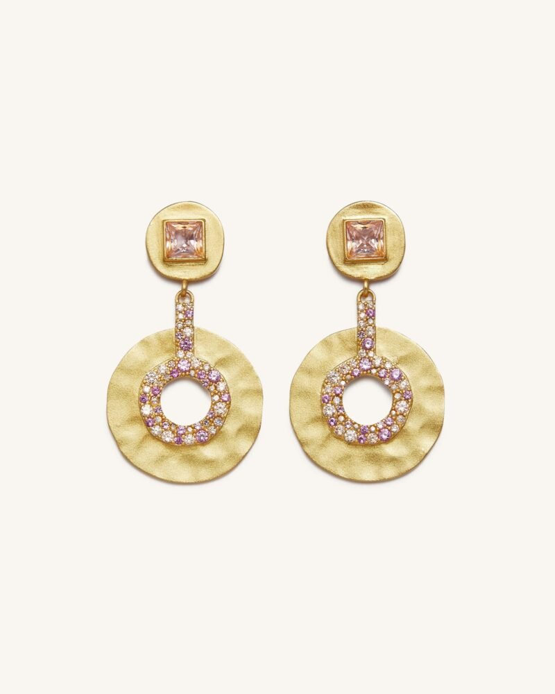 Geometrical Openwork Small Round Earrings - 18ct Gold Plated & Morganite & Red Corundum & Multicolor Zircon - Image 1