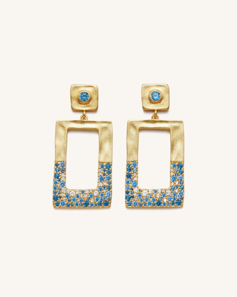 Geometrical Openwork Rectangle Earrings - 18ct Gold Plated & Sea Blue Nano - Image 1