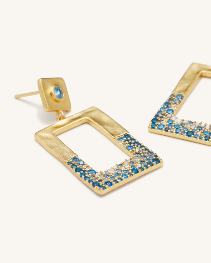 Geometrical Openwork Rectangle Earrings - 18ct Gold Plated & Sea Blue Nano - Image 2
