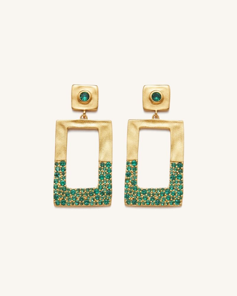 Geometrical Openwork Rectangle Earrings - 18ct Gold Plated & Green Nano - Image 1