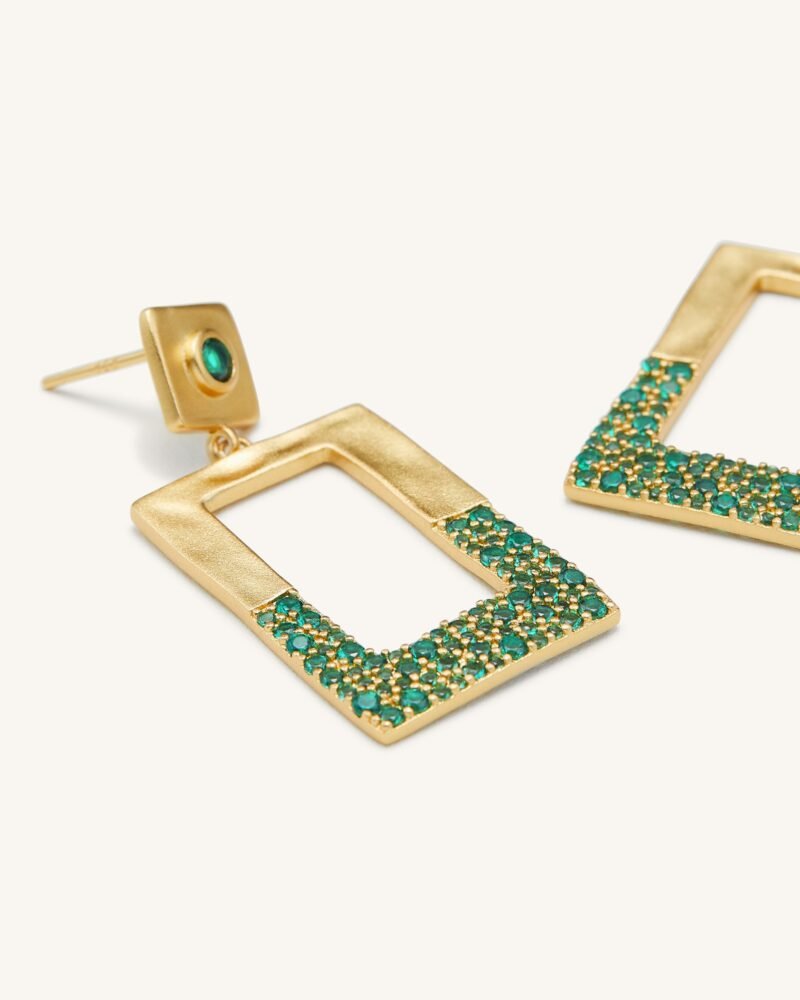 Geometrical Openwork Rectangle Earrings - 18ct Gold Plated & Green Nano - Image 2