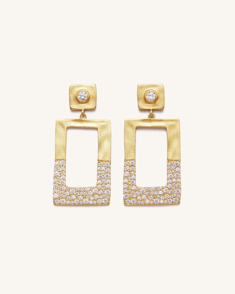 Geometrical Openwork Rectangle Earrings - 18ct Gold Plated & White Zircon - Image 1