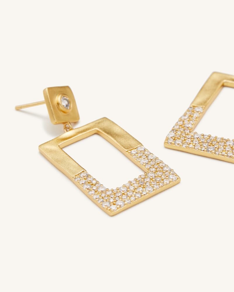 Geometrical Openwork Rectangle Earrings - 18ct Gold Plated & White Zircon - Image 2