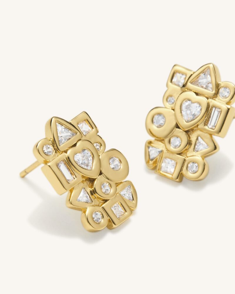Geometrical Combination Earrings - 18ct Gold Plated & White Zircon - Image 2