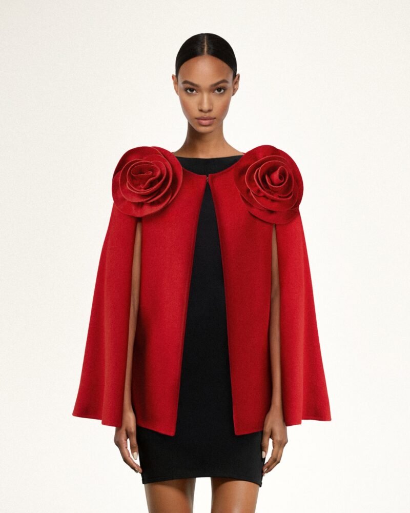 Clara Floral Applique Cape Coat - Red - Image 1