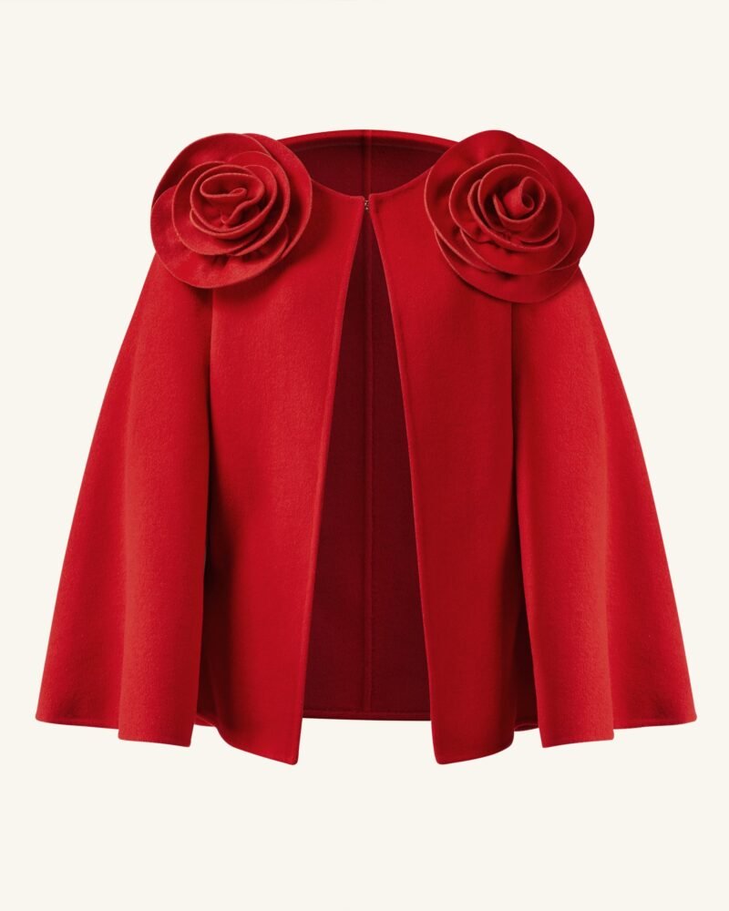 Clara Floral Applique Cape Coat - Red - Image 2