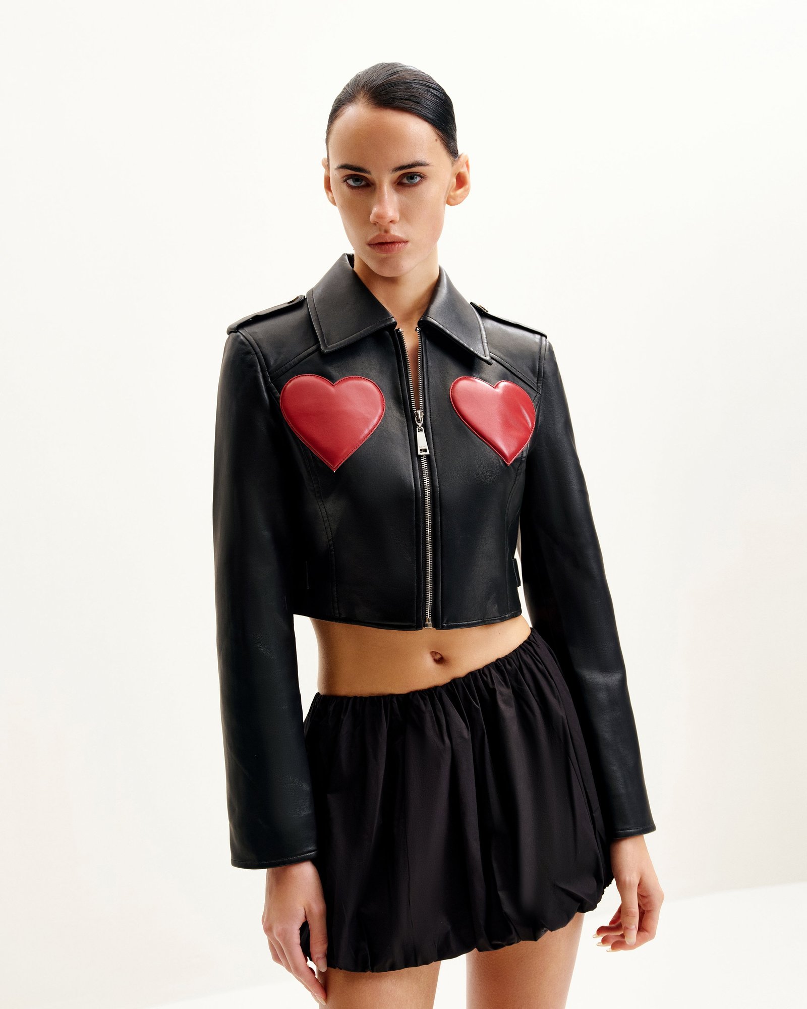 JC160-1 Sophie Cropped Leather Jacket - Black & Red - Image 1