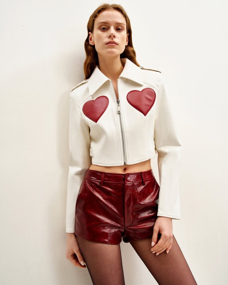 Sophie Cropped Leather Jacket - White & Red - Image 2