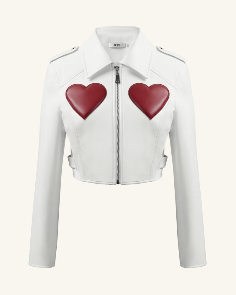 Sophie Cropped Leather Jacket - White & Red - Image 3