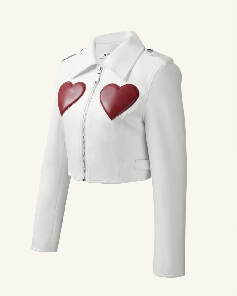 Sophie Cropped Leather Jacket - White & Red - Image 4