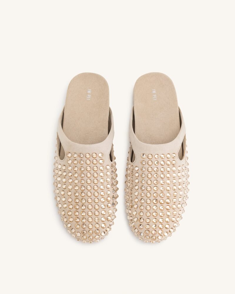 Athena Artificial Crystal Flat Mules - Beige - Image 3