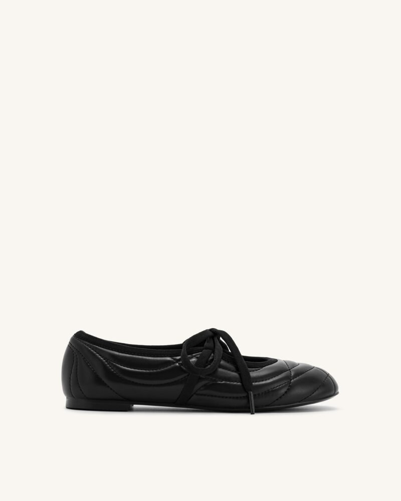 Erika Topstitching lace-up ballet Flats- Black - Image 1