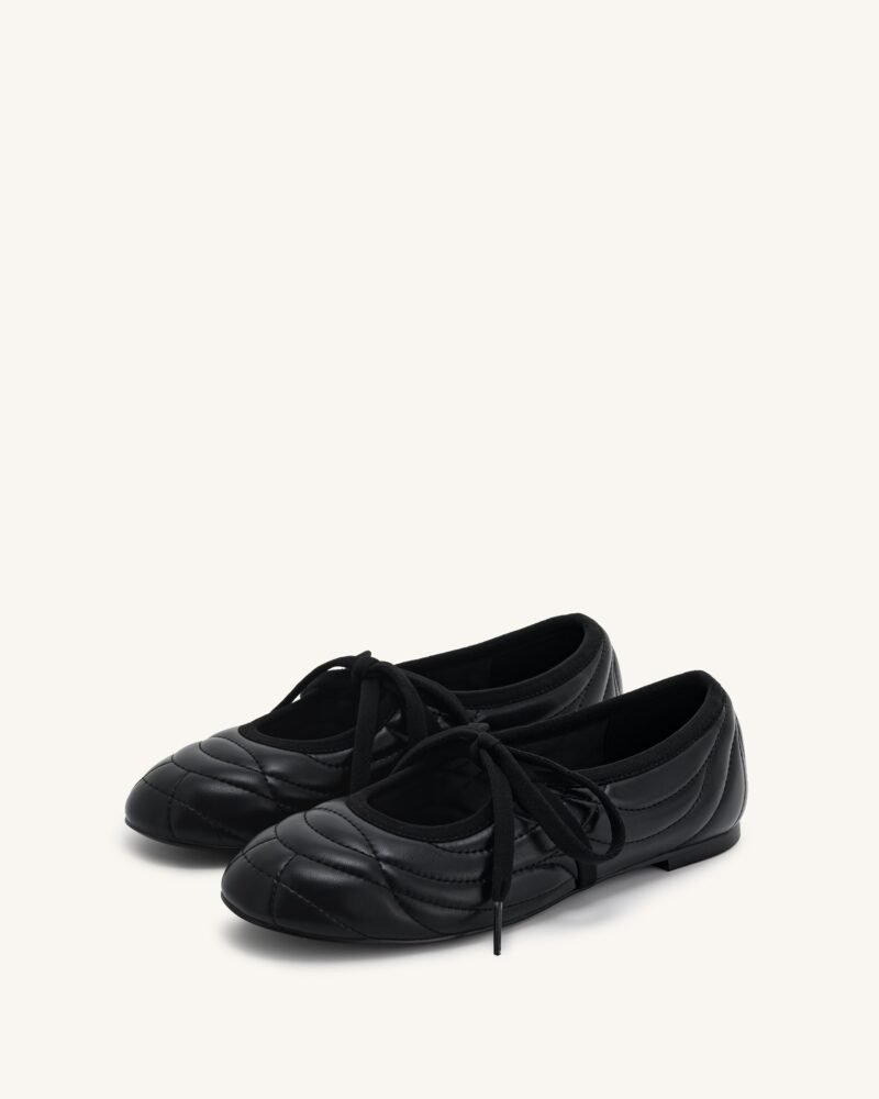 Erika Topstitching lace-up ballet Flats- Black - Image 2