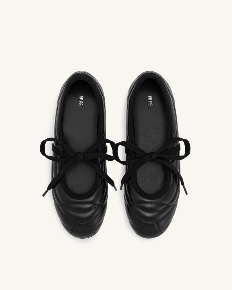 Erika Topstitching lace-up ballet Flats- Black - Image 3
