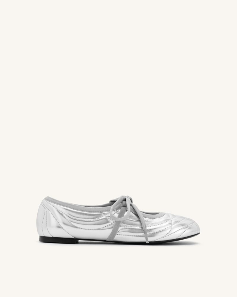 Erika Topstitching lace-up ballet Flats- Silver - Image 1