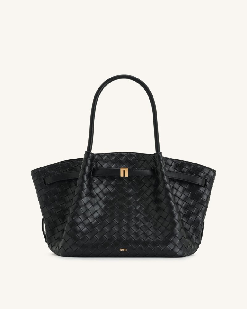 Hana Medium Weave Texture Tote Bag - Black - Image 2