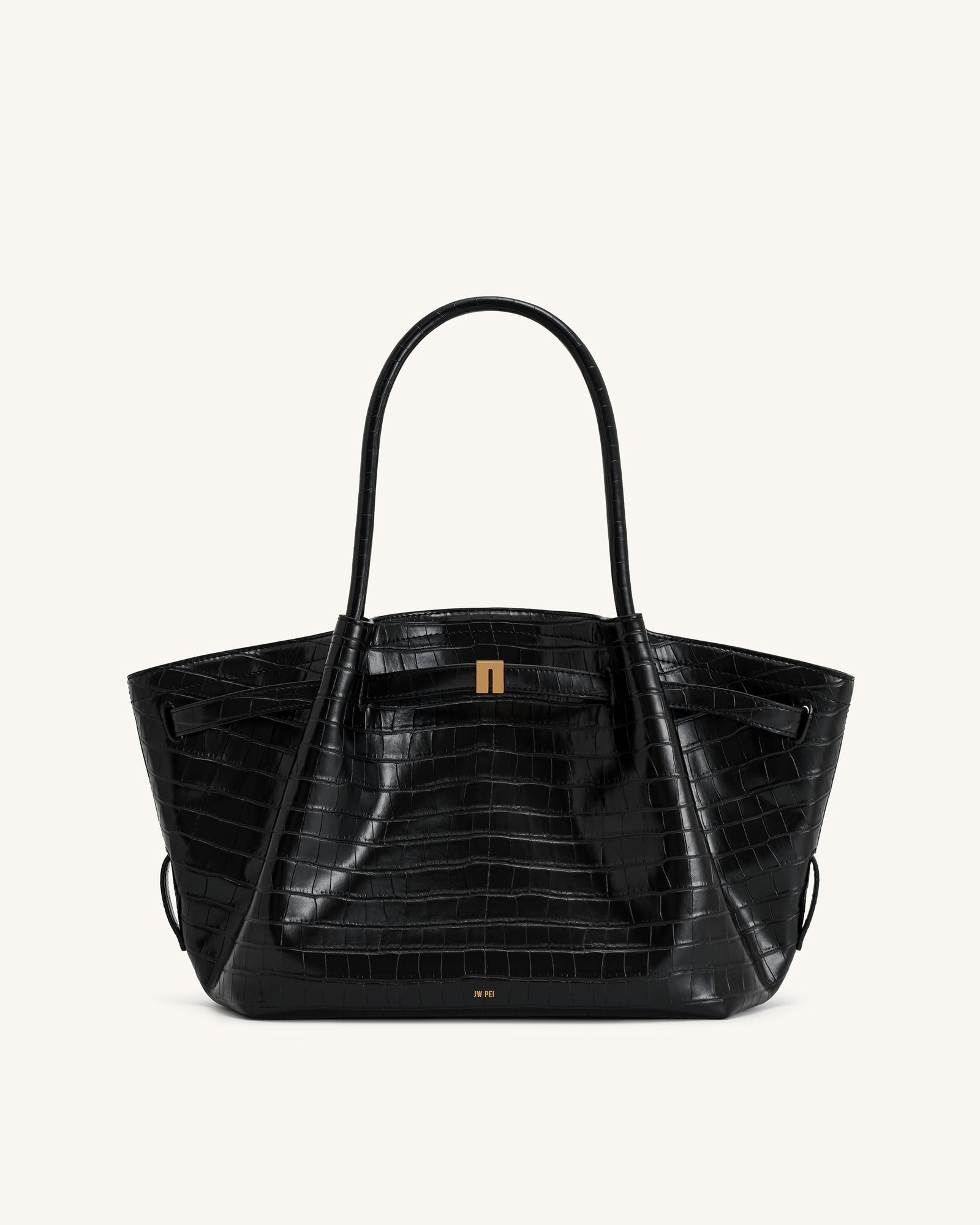 JH306B04-13-FRONT2 Hana Medium Tote Bag - Black Croc - Image 2