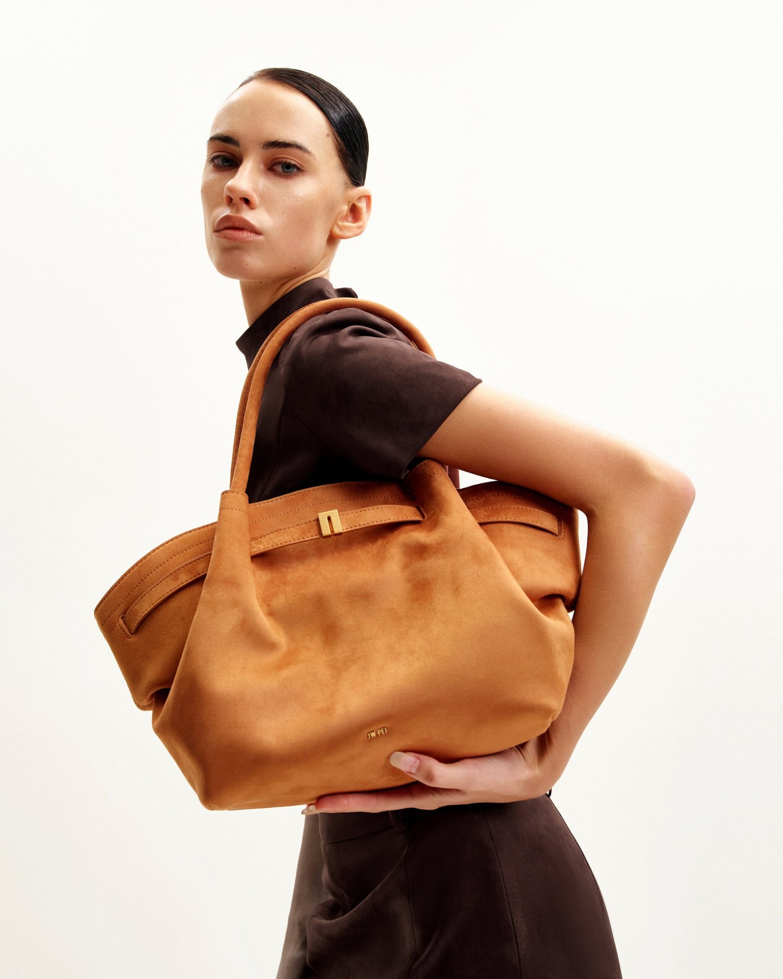 JH306B04-3 Hana Medium Faux Suede Tote Bag - Brown - Image 3