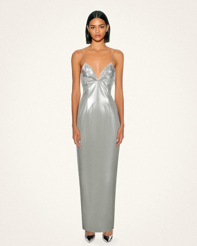 Ayliua Sweetheart-Neckline Rhinestones Embellished Silver Long Dress - Silver - Image 2