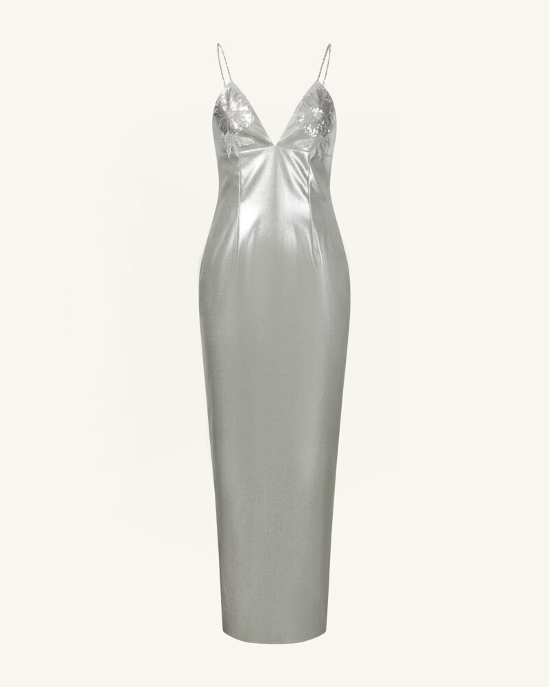 Ayliua Sweetheart-Neckline Rhinestones Embellished Silver Long Dress - Silver - Image 1
