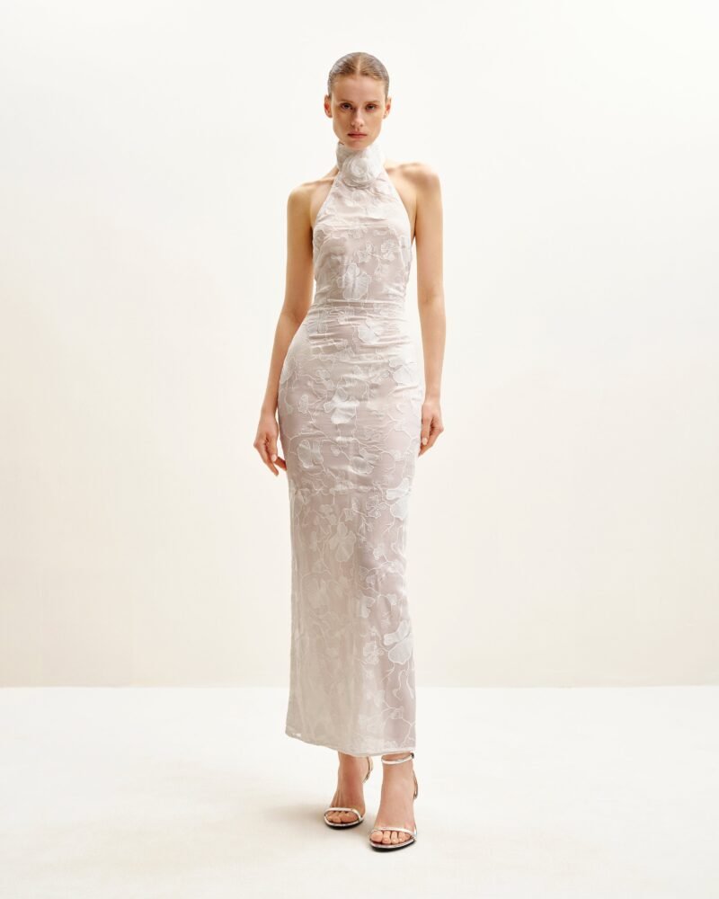 Uliana White Floral Lace Halterneck Maxi Dress - White - Image 1
