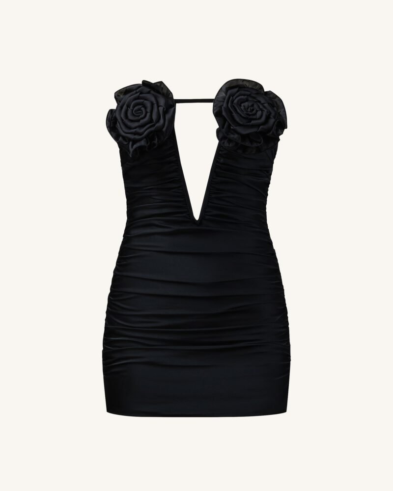 Bailee Black Floral Applique And Ruched Tube Mini Dress - Black - Image 1