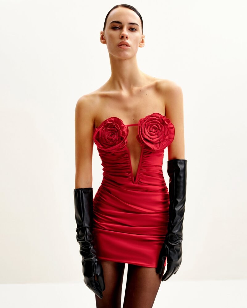 Bailee Red Floral Applique And Ruched Tube Mini Dress - Red - Image 3