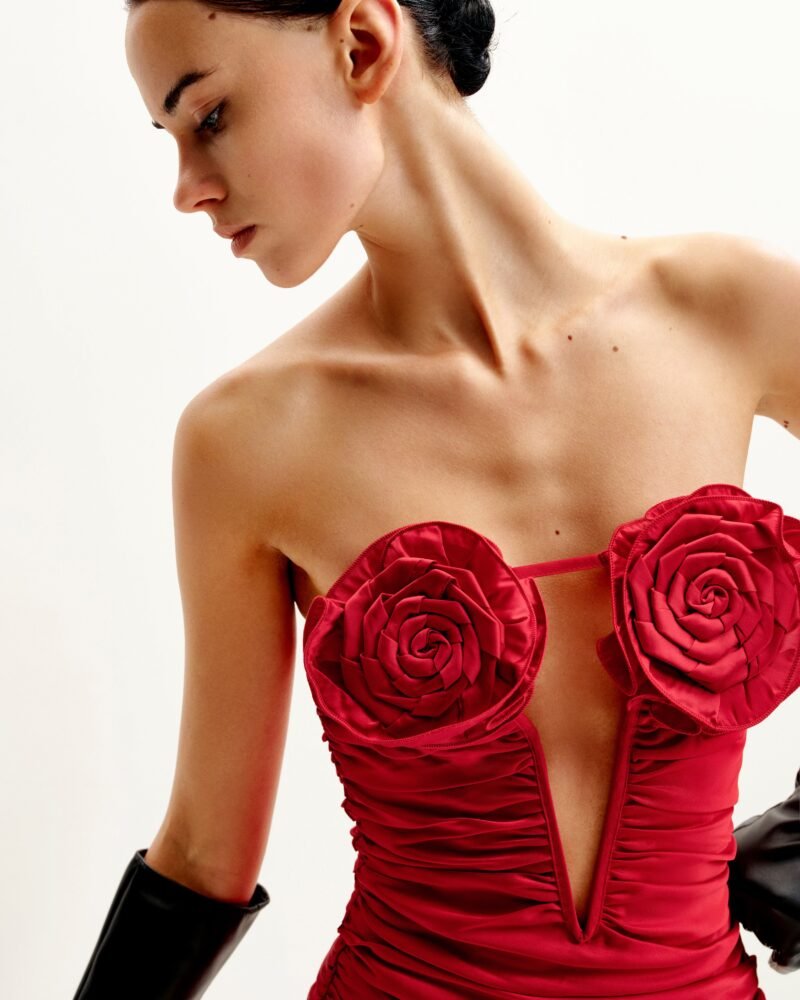 Bailee Red Floral Applique And Ruched Tube Mini Dress - Red - Image 5