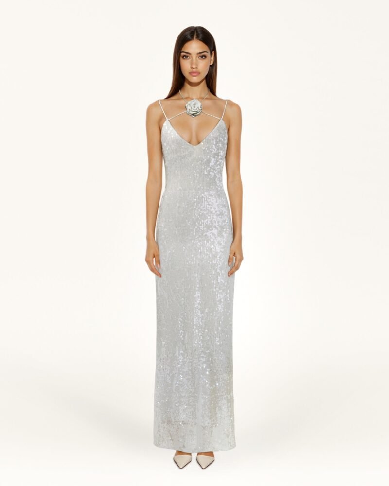 Heisey White Sequinned Rosette Maxi Dress - White - Image 1