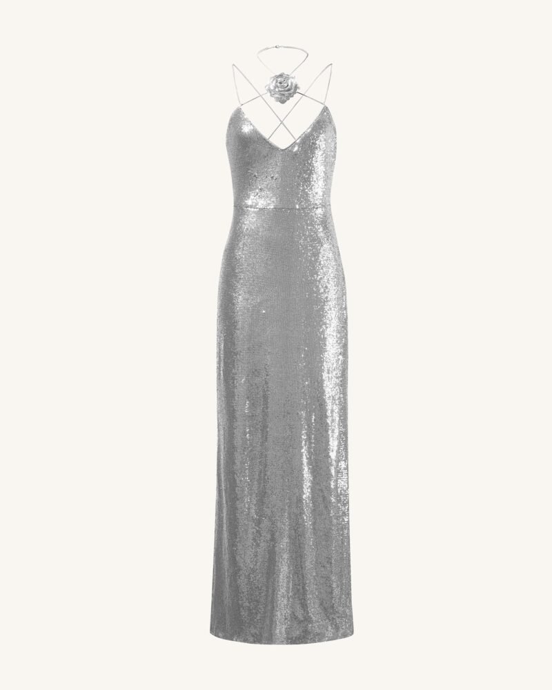 Heisey Silver Sequinned Rosette Maxi Dress - Silver - Image 2
