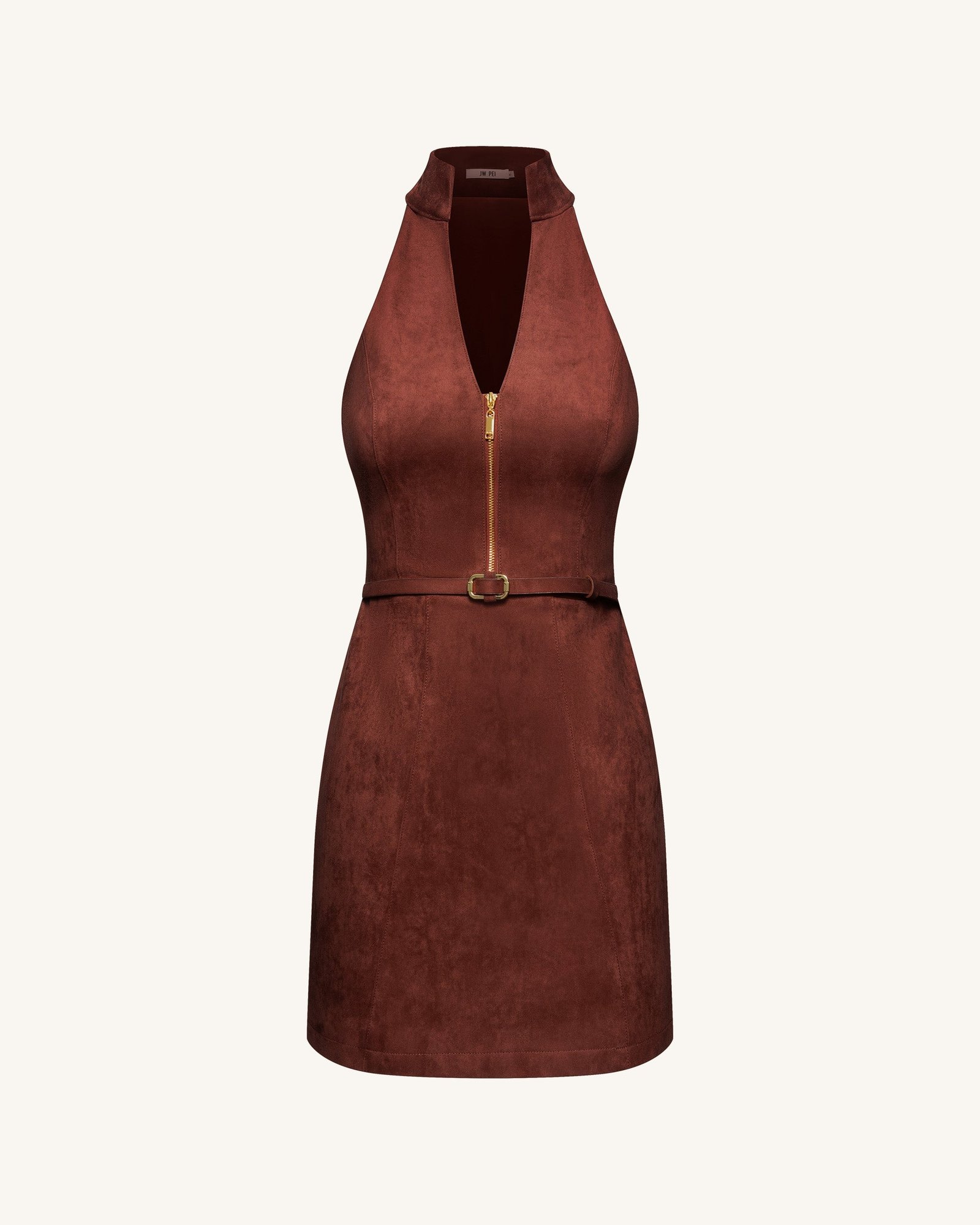 LDS001-3FRONT Faux Suede Halter Neck Zip-Front Mini Dress - Burgundy - Image 2