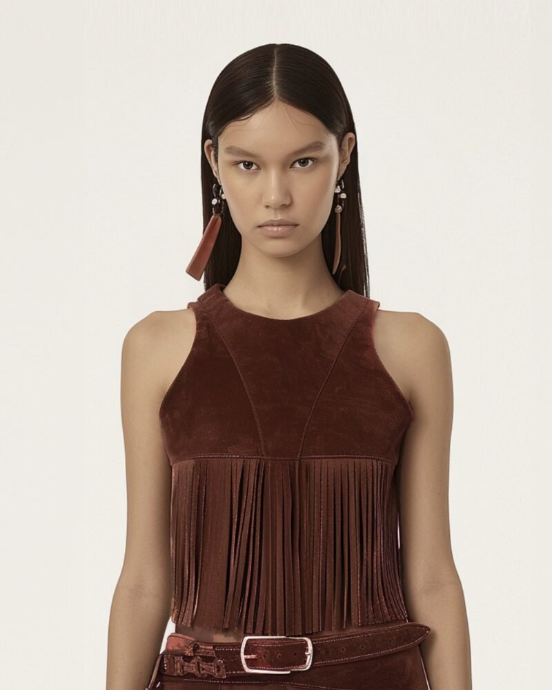 Faux Suede Fringe Halter - Burgundy - Image 1